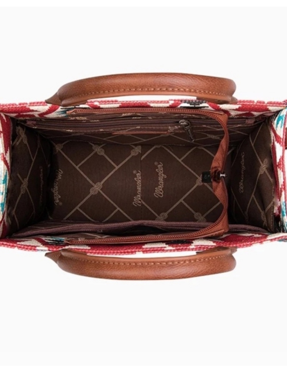 Wrangler Light Blue Aztec Tote with Brown Leather Trim and Patterned Strap - Picture 3 of 5